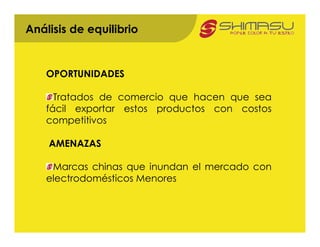 Análisis de equilibrio


    OPORTUNIDADES

      Tratados de comercio que hacen que sea
    fácil exportar estos productos con costos
    competitivos

    AMENAZAS

     Marcas chinas que inundan el mercado con
    electrodomésticos Menores
 