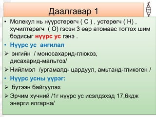 Даалгавар 1
• Молекул нь нүүрстөрөгч ( С ) , устөрөгч ( Н) ,
хүчилтөрөгч ( О) гэсэн 3 өөр атомаас тогтох шим
бодисыг нүүрс ус гэнэ .
• Нүүрс ус ангилал
 энгийн / моносахарид-глюкоз,
дисахарид-мальтоз/
 Нийлмэл /ургамалд- цардуул, амьтанд-гликоген /
• Нүүрс усны үүрэг:
 бүтээн байгуулах
 Эрчим хүчний /1г нүүрс ус исэлдэхэд 17,6кдж
энерги ялгарна/
 