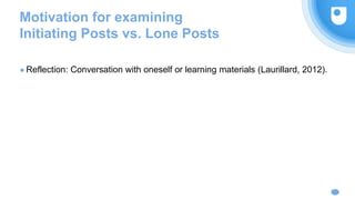 Motivation for examining
Initiating Posts vs. Lone Posts
● Reflection: Conversation with oneself or learning materials (Laurillard, 2012).
 