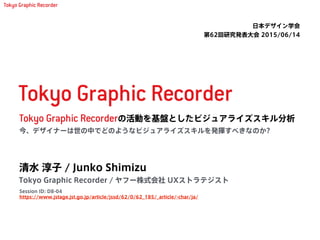 の活動を基盤としたビジュアライズスキル分析
日本デザイン学会
第62回研究発表大会 2015/06/14
Session ID: D8-04
https://www.jstage.jst.go.jp/article/jssd/62/0/62_185/_article/-char/ja/
今、デザイナーは世の中でどのようなビジュアライズスキルを発揮すべきなのか?
清水 淳子 / Junko Shimizu
Tokyo Graphic Recorder
 