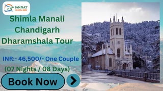 Shimla Manali
Chandigarh
Dharamshala Tour
INR:- 46,500/- One Couple
(07 Nights / 08 Days)
Book Now
 