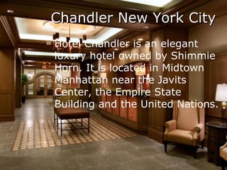 Chandler New York City
   Hotel Chandler is an elegant
    luxury hotel owned by Shimmie
    Horn. It is located in Midtown
    Manhattan near the Javits
    Center, the Empire State
    Building and the United Nations.
 