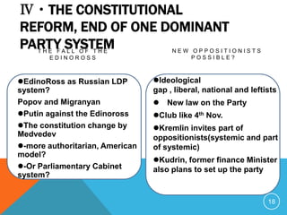Ⅳ・THE CONSTITUTIONAL
REFORM, END OF ONE DOMINANT
PARTY SYSTEM
     THE FALL OF THE                  NEW OPPOSITIONISTS
       EDINOROSS                          POSSIBLE?



EdinoRoss as Russian LDP        Ideological
system?                          gap , liberal, national and leftists
Popov and Migranyan               New law on the Party
Putin against the Edinoross     Club like 4th Nov.
The constitution change by      Kremlin invites part of
Medvedev                         oppositionists(systemic and part
-more authoritarian, American   of systemic)
model?
                                 Kudrin, former finance Minister
-Or Parliamentary Cabinet       also plans to set up the party
system?


                                                                  18
 