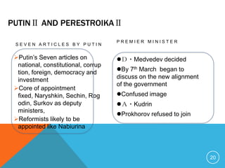 PUTINⅡ AND PERESTROIKAⅡ
                                     PREMIER MINISTER
 SEVEN ARTICLES BY PUTIN


 Putin’s Seven articles on          Ｄ・Medvedev decided
  national, constitutional, corrup
  tion, foreign, democracy and       By 7th March began to
  investment                         discuss on the new alignment
                                     of the government
 Core of appointment
  fixed, Naryshkin, Sechin, Rog      Confused image
  odin, Surkov as deputy             Ａ・Kudrin
  ministers,
                                     Prokhorov refused to join
 Reformists likely to be
  appointed like Nabiurina



                                                                    20
 