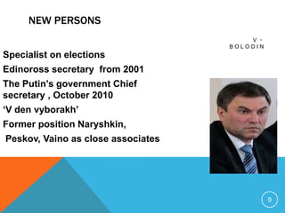 NEW PERSONS
                                        V・
                                    BOLODIN
Specialist on elections
Edinoross secretary from 2001
The Putin‟s government Chief
secretary , October 2010
„V den vyborakh‟
Former position Naryshkin,
Peskov, Vaino as close associates




                                              9
 
