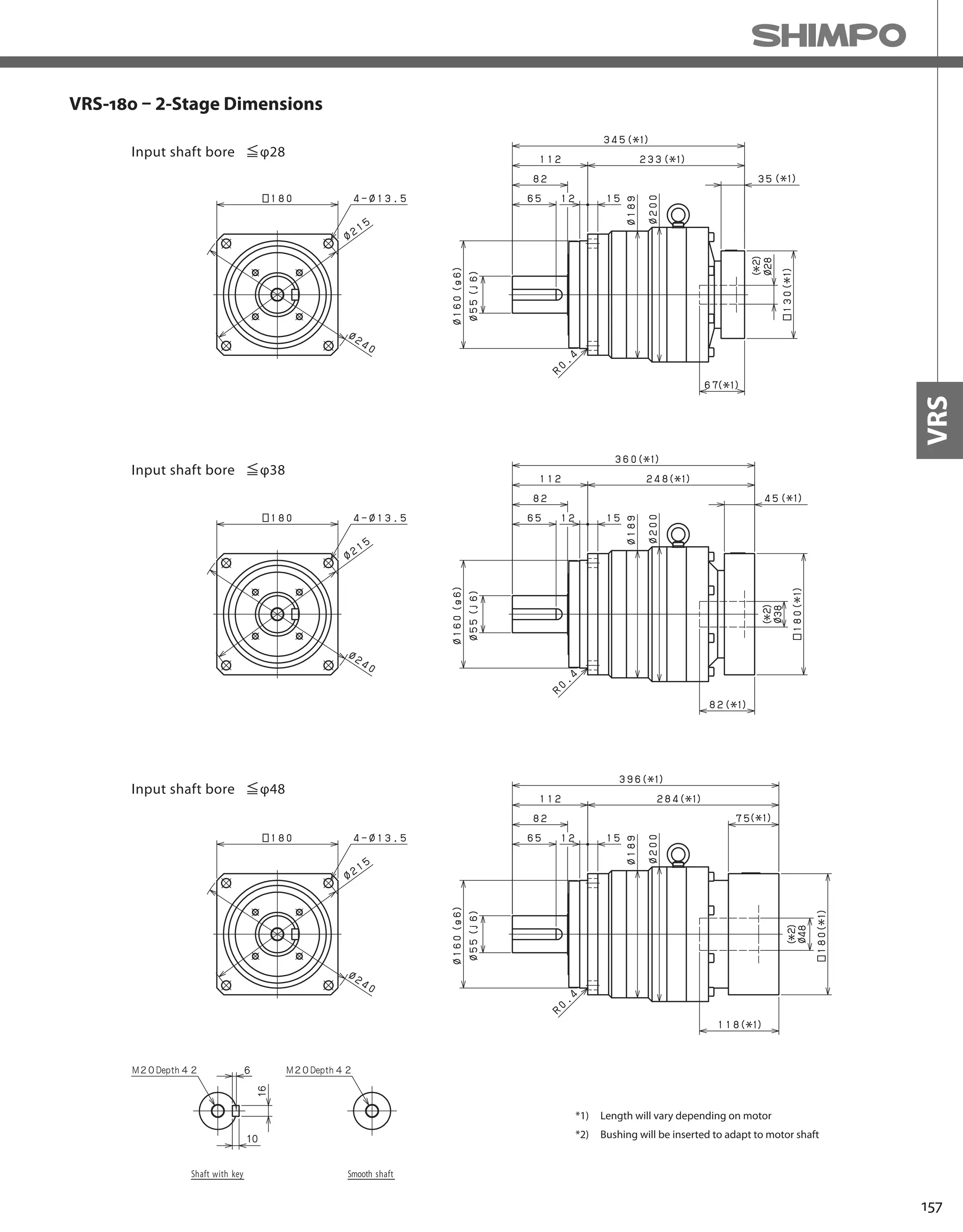 157
VRS
VRS-180 – 2-Stage Dimensions
*1) Length will vary depending on motor
*2) Bushing will be inserted to adapt to motor shaft
 