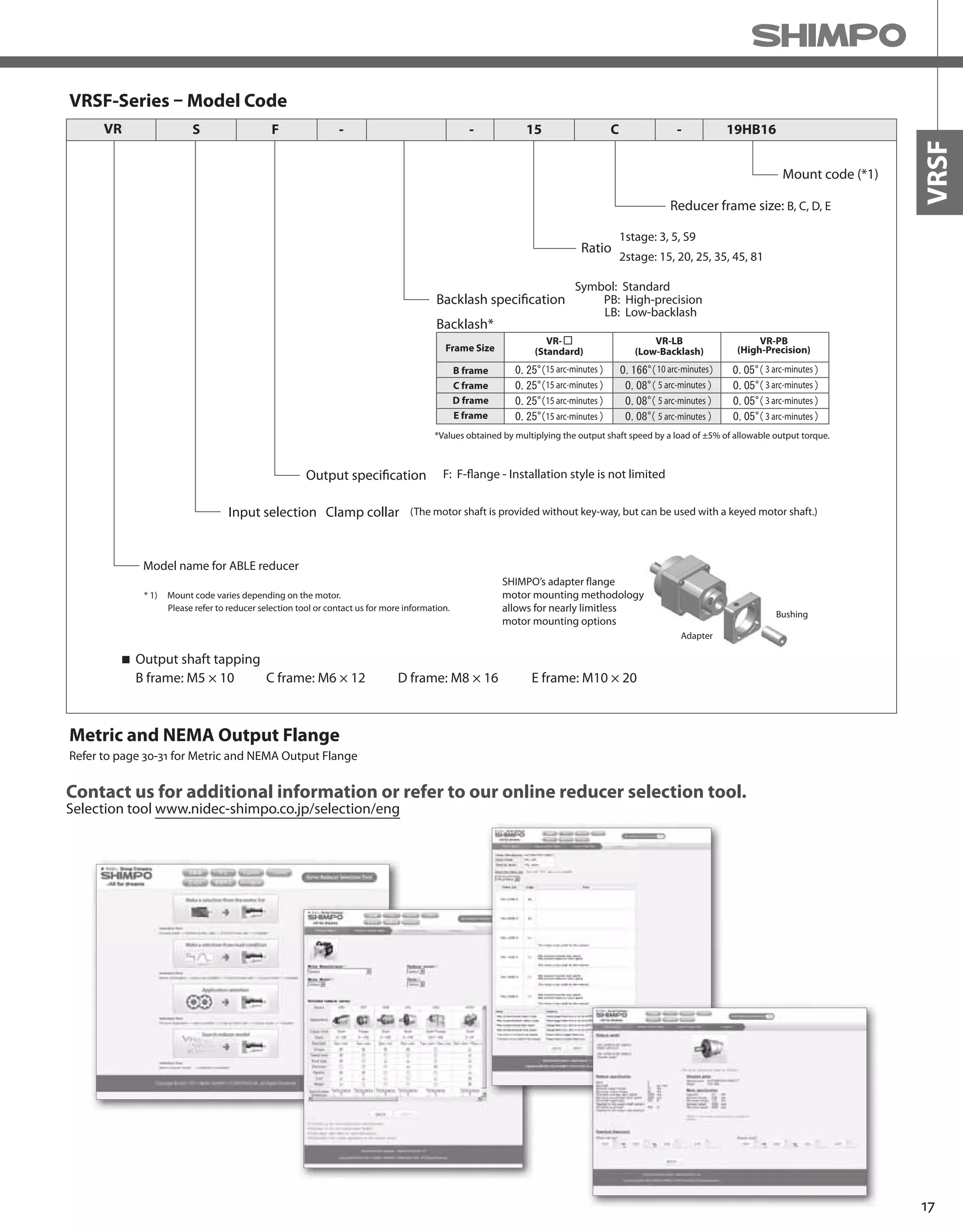 17
VRSF
VRSF-Series – Model Code
Contact us for additional information or refer to our online reducer selection tool.
Selection tool www.nidec-shimpo.co.jp/selection/eng
Reducer frame size: B, C, D, E
Mount code (*1)
VR FS - - 15
Ratio
Backlash specification
Backlash*
1stage: 3, 5, S9
2stage: 15, 20, 25, 35, 45, 81
Output specification
(The motor shaft is provided without key-way, but can be used with a keyed motor shaft.)
Model name for ABLE reducer
C - 19HB16
Symbol: Standard
PB: High-precision
F: F-flange - Installation style is not limited
LB: Low-backlash
Input selection Clamp collar
Adapter
Bushing
SHIMPO’s adapter flange
motor mounting methodology
allows for nearly limitless
motor mounting options
* 1) Mount code varies depending on the motor.
Please refer to reducer selection tool or contact us for more information.
Output shaft tapping
B frame: M5 × 10 C frame: M6 × 12 D frame: M8 × 16 E frame: M10 × 20
Frame Size (Standard)
VR- VR-LB VR-PB
(Low-Backlash) (High-Precision)
B frame
C frame
D frame
E frame
15 arc-minutes
15 arc-minutes
15 arc-minutes
15 arc-minutes
10 arc-minutes 3 arc-minutes
3 arc-minutes
3 arc-minutes
3 arc-minutes
*Values obtained by multiplying the output shaft speed by a load of ±5% of allowable output torque.
5 arc-minutes
5 arc-minutes
5 arc-minutes
Refer to page 30-31 for Metric and NEMA Output Flange
Metric and NEMA Output Flange
 