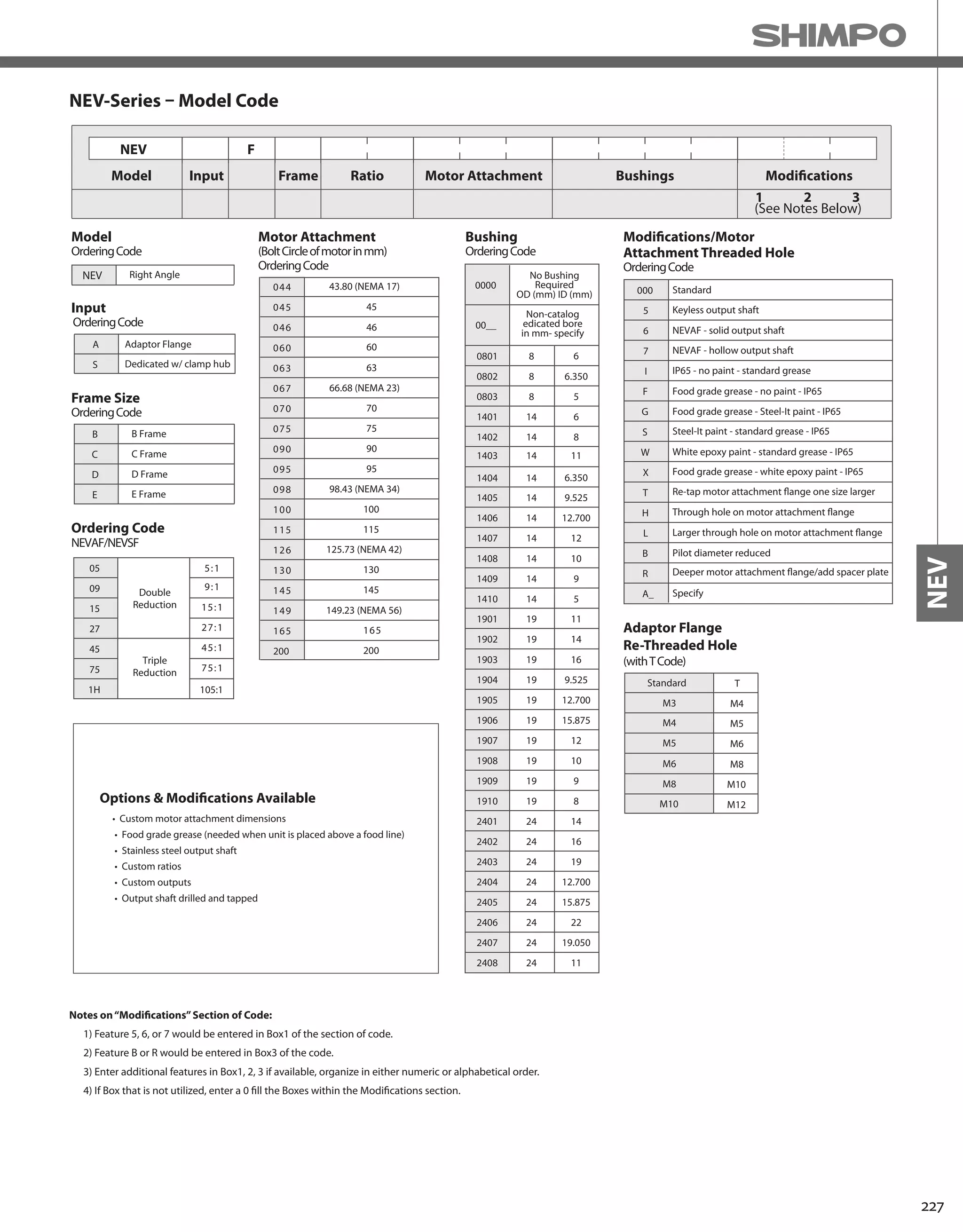 227
NEV
NEV-Series – Model Code
ModificationsBushingsMotor AttachmentRatioFrameInputModel
1 2 3
Options & Modifications Available
FNEV
Model
Ordering Code
1:505
1:909
1:5115
1:7227
1:5445
1:5775
1H 105:1
Frame Size
D
Adaptor Flange
Re-Threaded Hole
T
M4
M5
M6
M8
M10
M12
M5
M6
M4
M3
M10
M8
Input
Motor Attachment
440
540
640
060
360
760
070
570
090
590
890
001
511
621
031
541
941
561
200
130
115
70
75
90
95
100
46
60
63
45
200
145
561
Bushing
0000
00__
0801 8
0802 8 6.350
580803
6141401
814
14
14
14
14
14
14
14
1402
1403
1404
1405
11
9.525
1406
1407 12
1408 10
1409 9
5141410
11191901
14191902
16191903
9.52519
19
19
19
19
19
19
1904
12.7001905
1906
1907
1908
1909
1910
15.875
12
10
9
8
1424
24
24
24
24
24
24
24
2401
2402
2403
2404
2405
2406
2407
2408
16
19
12.700
15.875
22
19.050
11
6
6.350
12.700
Modifications/Motor
Attachment Threaded Hole
000
5
6
7
G
X
T
H
R
Notes on“Modifications”Section of Code:
1) Feature 5, 6, or 7 would be entered in Box1 of the section of code.
2) Feature B or R would be entered in Box3 of the code.
3) Enter additional features in Box1, 2, 3 if available, organize in either numeric or alphabetical order.
4) If Box that is not utilized, enter a 0 fill the Boxes within the Modifications section.
 