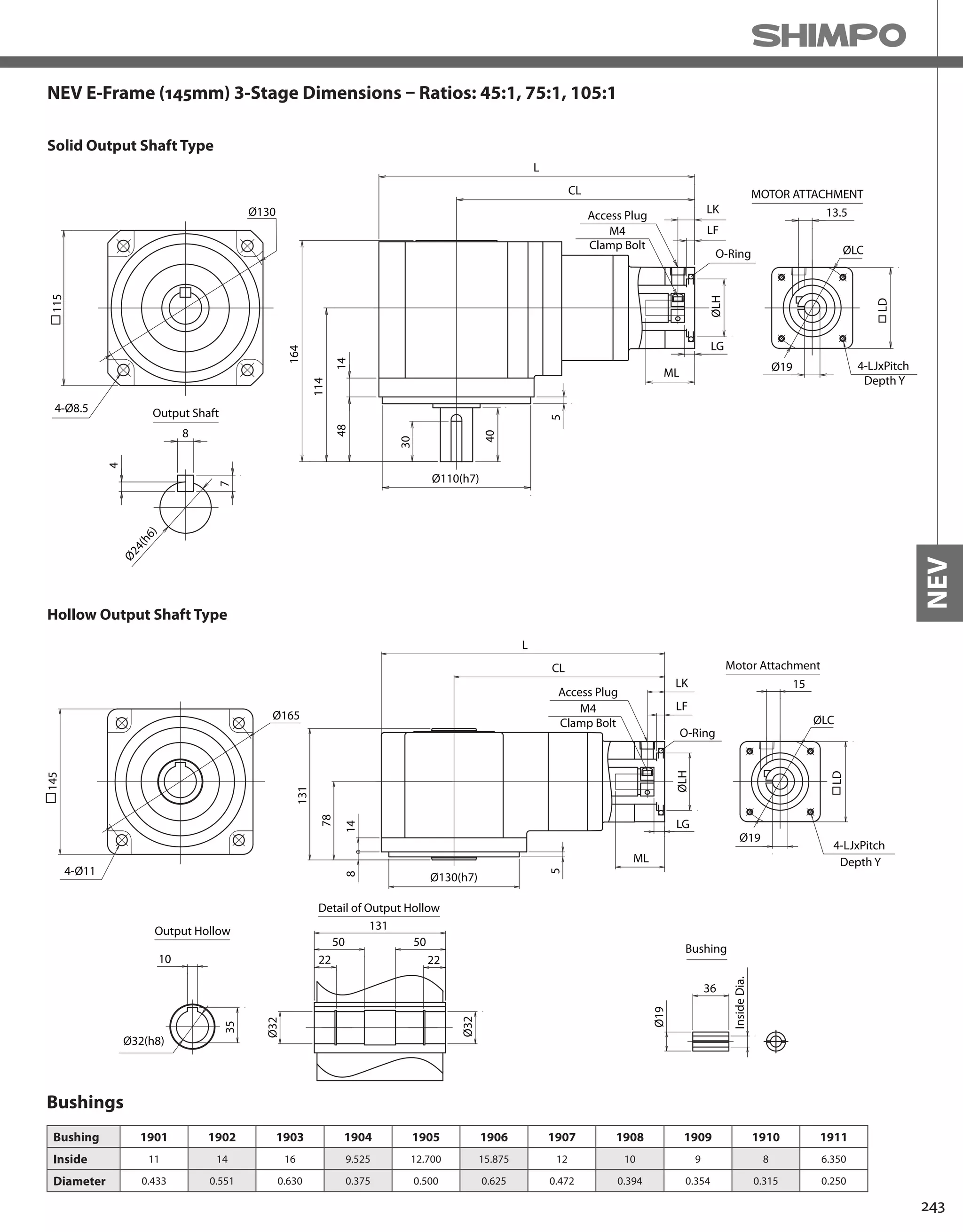 243
NEV
Bushing 1901 1902 1903 1904 1905 1906 1907 1908 1909 1910 1911
Inside 11 14 16 9.525 12.700 15.875 12 10 9 8 6.350
Diameter 0.433 0.551 0.630 0.375 0.500 0.625 0.472 0.394 0.354 0.315 0.250
Bushings
NEV E-Frame (145mm) 3-Stage Dimensions – Ratios: 45:1, 75:1, 105:1
Solid Output Shaft Type
Hollow Output Shaft Type
L
CL
164
114
48
5
30
Ø110(h7)
Ø19ML
LG
ØLH
LD
LF
LK 13.5
ØLC
Ø24(h6)
8
7
4
Output Shaft
115
Ø130
MOTOR ATTACHMENT
4-LJxPitch
Depth Y
M4
Clamp Bolt
Access Plug
4-Ø8.5
14
40
O-Ring
Output Hollow
10
Ø32(h8)
Detail of Output Hollow
Ø32
Ø32
131
50 50
22 22
Ø19
ML
LG
ØLH
LD
LF
LK 15
ØLC
Ø130(h7)
L
CL
131
Ø165
78
145
5
148
4-LJxPitch
Depth Y
M4
Clamp Bolt
Access Plug
Motor Attachment
4-Ø11
O-Ring
35
InsideDia.
Ø19
36
Bushing
 