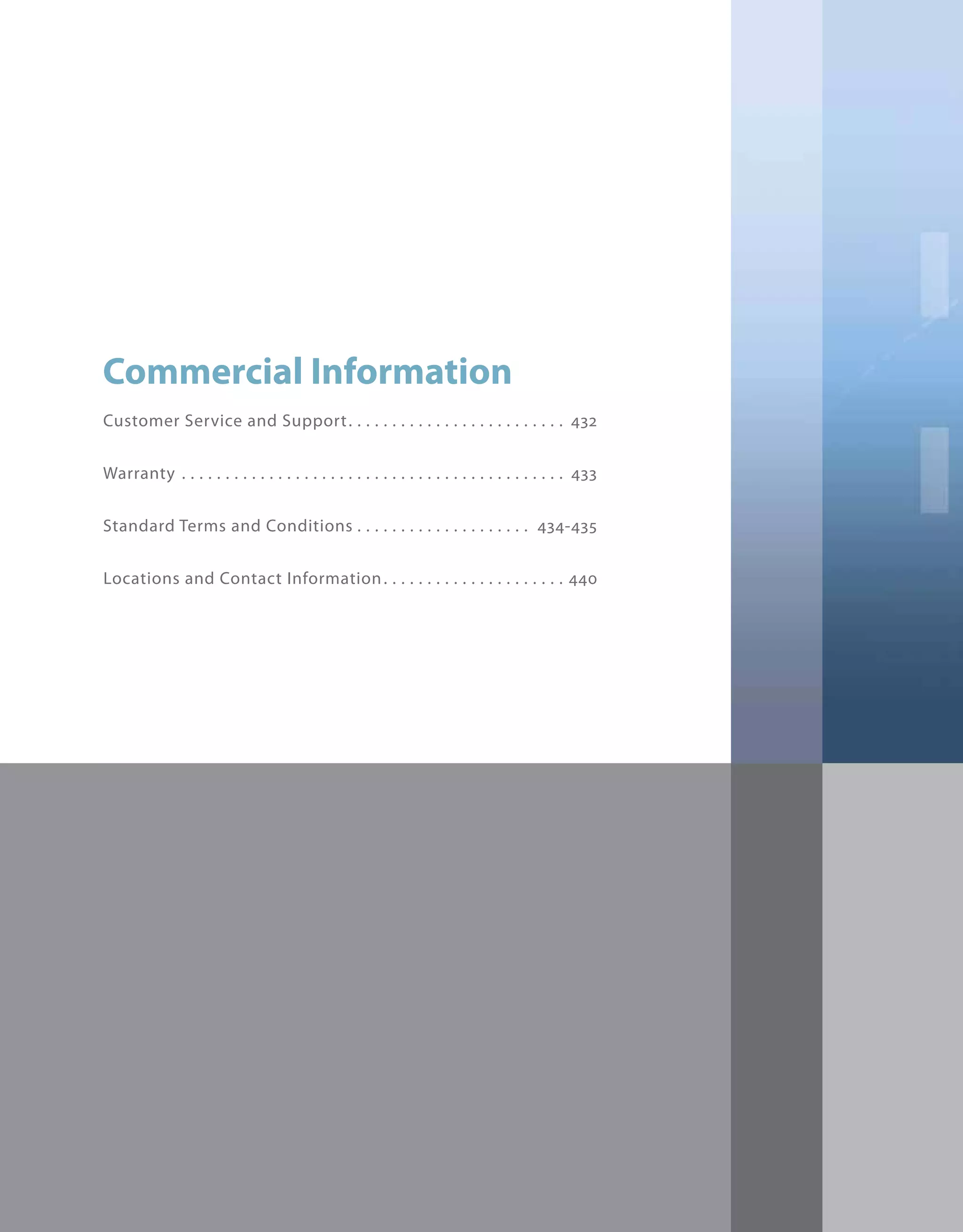 430
Commercial Information
Customer Service and Support. . . . . . . . . . . . . . . . . . . . . . . . . 432
Warranty . . . . . . . . . . . . . . . . . . . . . . . . . . . . . . . . . . . . . . . . . . . . 433
Standard Terms and Conditions . . . . . . . . . . . . . . . . . . . . 434-435
Locations and Contact Information. . . . . . . . . . . . . . . . . . . . . 440
 
