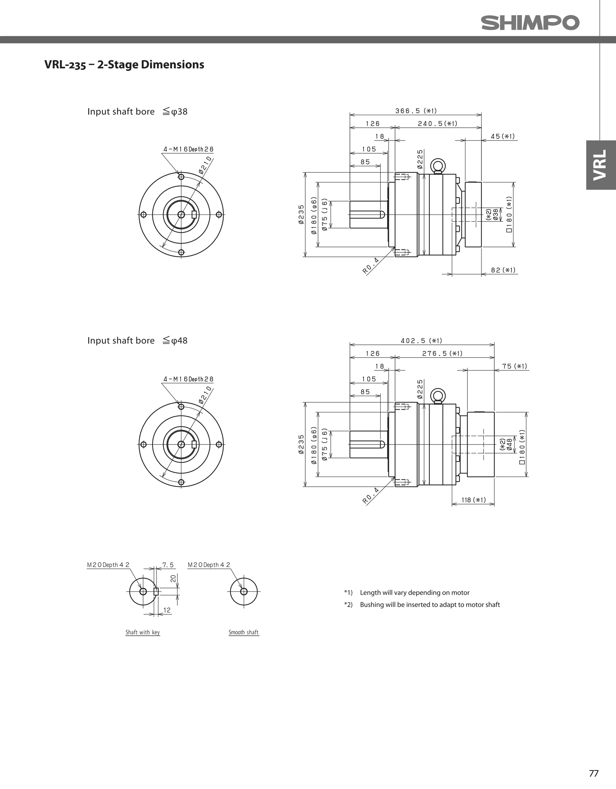 77
VRL
VRL-235 – 2-Stage Dimensions
Input shaft bore φ38
Input shaft bore φ48
*1) Length will vary depending on motor
*2) Bushing will be inserted to adapt to motor shaft
 
