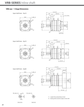 98
VRB-SERIES Inline shaft
VRB-090 – 1-Stage Dimensions
*1) Length will vary depending on motor
*2) Bushing will be inserted to adapt to motor shaft
 