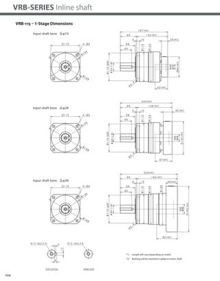 104
VRB-SERIES Inline shaft
VRB-115 – 1-Stage Dimensions
*1) Length will vary depending on motor
*2) Bushing will be inserted to adapt to motor shaft
 