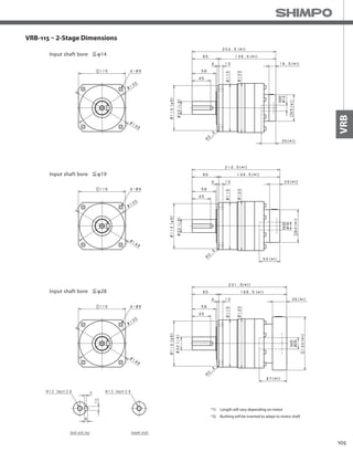 105
VRB
VRB-115 – 2-Stage Dimensions
*1) Length will vary depending on motor
*2) Bushing will be inserted to adapt to motor shaft
 