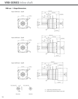 110
VRB-SERIES Inline shaft
VRB-140 – 1-Stage Dimensions
*1) Length will vary depending on motor
*2) Bushing will be inserted to adapt to motor shaft
 