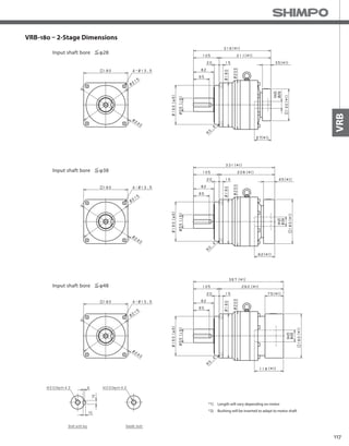 117
VRB
VRB-180 – 2-Stage Dimensions
*1) Length will vary depending on motor
*2) Bushing will be inserted to adapt to motor shaft
 