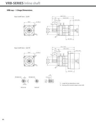 86
VRB-SERIES Inline shaft
VRB-042 – 1-Stage Dimensions
*1) Length will vary depending on motor
*2) Bushing will be inserted to adapt to motor shaft
 