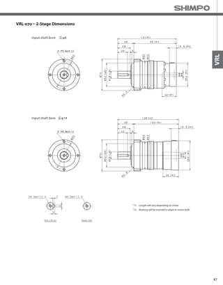 47
VRL
*
VRL-070 – 2-Stage Dimensions
*1) Length will vary depending on motor
*2) Bushing will be inserted to adapt to motor shaft
 