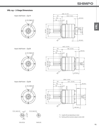 65
VRL
VRL-155 – 2-Stage Dimensions
*1) Length will vary depending on motor
*2) Bushing will be inserted to adapt to motor shaft
 