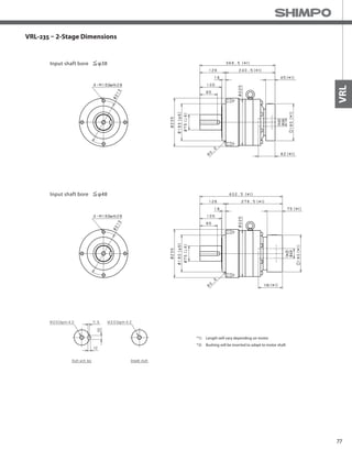 77
VRL
VRL-235 – 2-Stage Dimensions
Input shaft bore φ38
Input shaft bore φ48
*1) Length will vary depending on motor
*2) Bushing will be inserted to adapt to motor shaft
 