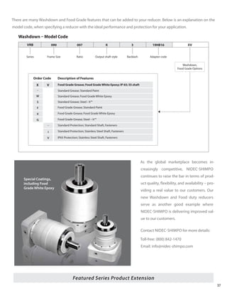 37
As the global marketplace becomes in-
creasingly competitive, NIDEC-SHIMPO
continues to raise the bar in terms of prod-
uct quality, flexibility, and availability – pro-
viding a real value to our customers. Our
new Washdown and Food duty reducers
serve as another good example where
NIDEC-SHIMPO is delivering improved val-
ue to our customers.
Contact NIDEC-SHIMPO for more details:
Toll-free: (800) 842-1470
Email: info@nidec-shimpo.com
There are many Washdown and Food Grade features that can be added to your reducer. Below is an explanation on the
model code, when specifying a reducer with the ideal performance and protection for your application.
X V
Order Code Description of Features
Food Grade Grease; Food Grade White Epoxy; IP 65; SS shaft
Standard Grease; Standard Paint
Standard Grease; Food Grade White Epoxy
Standard Grease; Steel - It™
Food Grade Grease; Standard Paint
Food Grade Grease; Food Grade White Epoxy
Food Grade Grease; Steel – It™
Standard Protection; Standard Shaft, Fasteners
Standard Protection; Stainless Steel Shaft, Fasteners
IP65 Protection; Stainless Steel Shaft, Fasteners
_
W
S
F
X
G
_
I
V
Adapter code
19HB16
Washdown,
Food Grade Options
XVK
Output shaft style
3
Backlash
007
Ratio
VRB
Series
090
Frame Size
Washdown – Model Code
Special Coatings,
including Food
Grade White Epoxy
Featured Series Product Extension
 