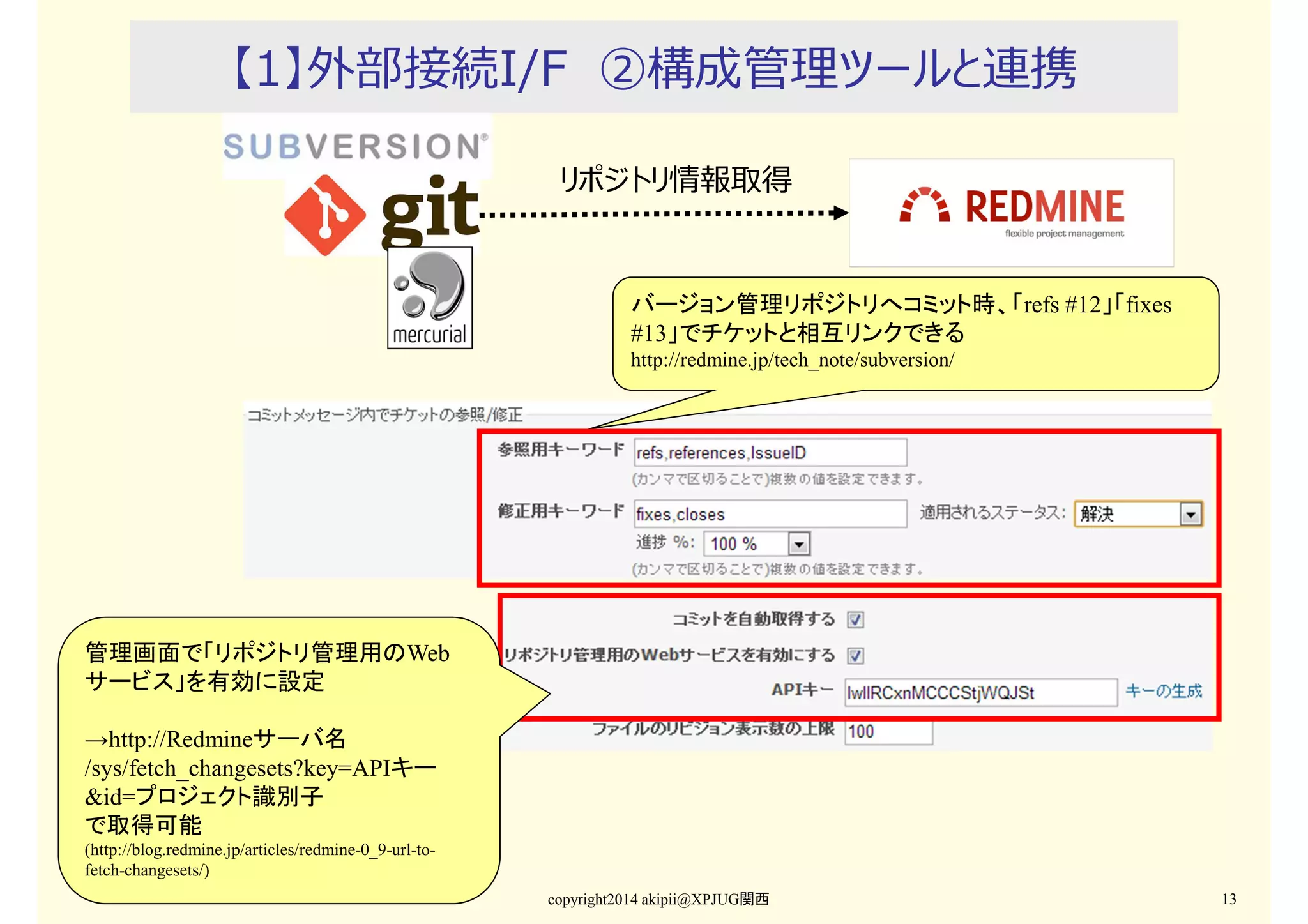 【1】外部接続I/F ②構成管理ツールと連携
リポジトリ情報取得

バージョン管理リポジトリへコミット時、「refs #12」「fixes
#13」でチケットと相互リンクできる
http://redmine.jp/tech_note/subversion/

管理画面で「リポジトリ管理用のWeb
サービス」を有効に設定
→http://Redmineサーバ名
/sys/fetch_changesets?key=APIキー
&id=プロジェクト識別子
で取得可能
(http://blog.redmine.jp/articles/redmine-0_9-url-tofetch-changesets/)
copyright2014 akipii@XPJUG関西

13

 