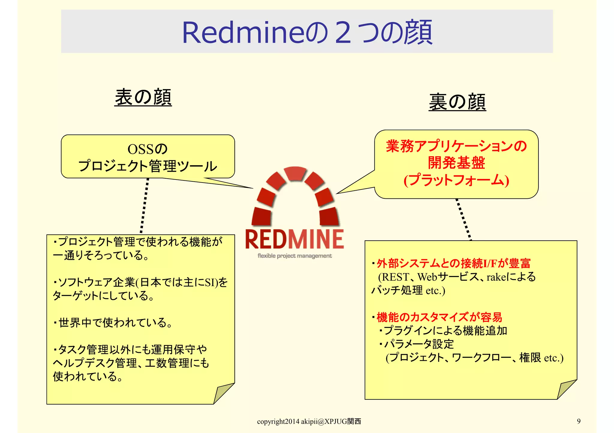 Redmineの２つの顔
表の顔

裏の顔

OSSの
プロジェクト管理ツール

業務アプリケーションの
開発基盤
(プラットフォーム
プラットフォーム)
プラットフォーム

・プロジェクト管理で使われる機能が
一通りそろっている。
・外部システムとの接続 が豊富
外部システムとの接続I/Fが豊富
外部システムとの接続
(REST、Webサービス、rakeによる
バッチ処理 etc.)

・ソフトウェア企業(日本では主にSI)を
ターゲットにしている。

・機能のカスタマイズが容易
機能のカスタマイズが容易
・プラグインによる機能追加
・パラメータ設定
(プロジェクト、ワークフロー、権限 etc.)

・世界中で使われている。
・タスク管理以外にも運用保守や
ヘルプデスク管理、工数管理にも
使われている。

copyright2014 akipii@XPJUG関西

9

 