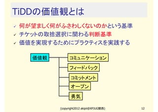 TiDDの価値観とは
何が望ましく何がふさわしくないのかという基準
チケットの取捨選択に関わる判断基準
価値を実現するためにプラクティスを実践する

  価値観         コミュニケーション

              フィードバック

              コミットメント
              オープン

              勇気

        (copyright2012 akipii@XPJUG関西)   12
 
