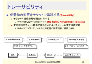 トレーサビリティ
成果物の変更をチケットで追跡する(Traceability)
 チケットへ構成管理情報を付与する
   チケット無しのソースコミット不可 (No Ticket, No Commit !) (@machu)
 変更理由をチケット経由で要件からビルドモジュールまで追跡可能
   リバースエンジニアリングや仕様変更の影響調査に適用できる




                (copyright2012 akipii@XPJUG関西)     20
 