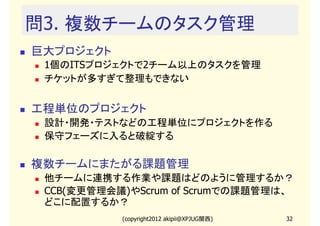 問3. 複数チームのタスク管理
巨大プロジェクト
 1個のITSプロジェクトで2チーム以上のタスクを管理
 チケットが多すぎて整理もできない


工程単位のプロジェクト
 設計・開発・テストなどの工程単位にプロジェクトを作る
 保守フェーズに入ると破綻する

複数チームにまたがる課題管理
 他チームに連携する作業や課題はどのように管理するか？
 CCB(変更管理会議)やScrum of Scrumでの課題管理は、
 どこに配置するか？
           (copyright2012 akipii@XPJUG関西)   32
 