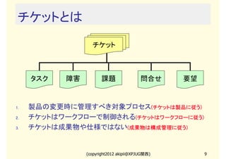 チケットとは
                   チケット



     タスク    障害          課題                問合せ     要望


1.   製品の変更時に管理すべき対象プロセス(チケットは製品に従う)
                           チケットは製品に従う)
2.   チケットはワークフローで制御される(チケットはワークフローに従う)
                       チケットはワークフローに従う)
3.   チケットは成果物や仕様ではない(成果物は構成管理に従う)
                     成果物は構成管理に従う)



                 (copyright2012 akipii@XPJUG関西)        9
 
