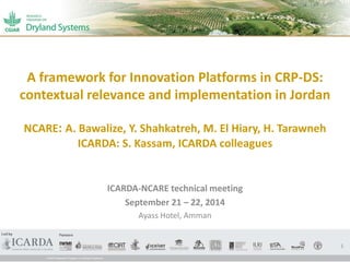 A framework for Innovation Platforms in CRP-DS: 
contextual relevance and implementation in Jordan 
NCARE: A. Bawalize, Y. Shahkatreh, M. El Hiary, H. Tarawneh 
ICARDA: S. Kassam, ICARDA colleagues 
ICARDA-NCARE technical meeting 
September 21 – 22, 2014 
Ayass Hotel, Amman 
1 
 