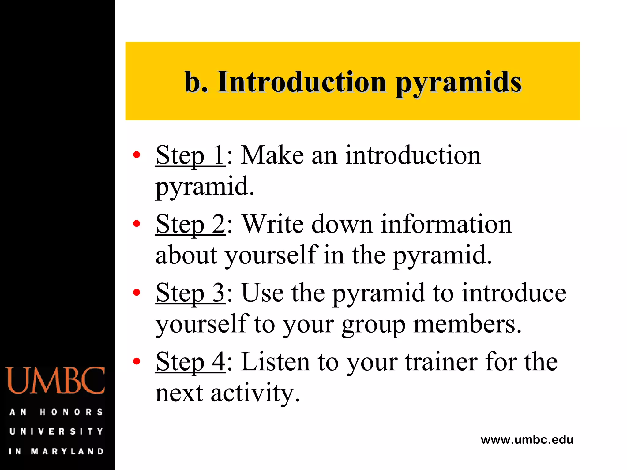 b. Introduction pyramids Step 1 : Make an introduction pyramid. Step 2 : Write down information about yourself in the pyramid. Step 3 : Use the pyramid to introduce yourself to your group members. Step 4 : Listen to your trainer for the next activity. 