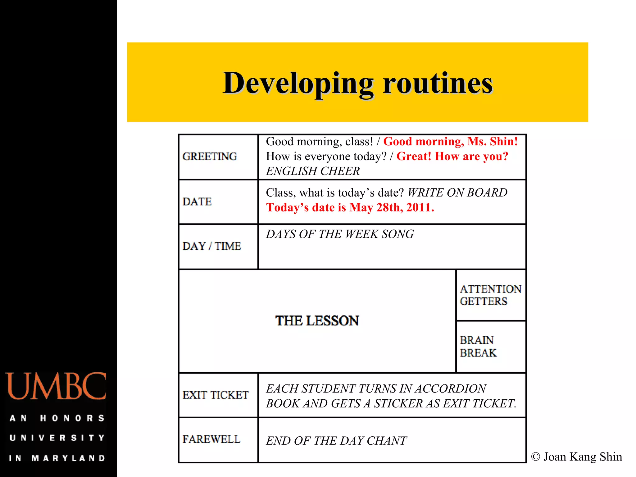 Developing routines Good morning, class! /  Good morning, Ms. Shin! How is everyone today? /  Great! How are you? ENGLISH CHEER Class, what is today’s date?  WRITE ON BOARD Today’s date is May 28th, 2011. DAYS OF THE WEEK SONG EACH STUDENT TURNS IN ACCORDION BOOK AND GETS A STICKER AS EXIT TICKET. END OF THE DAY CHANT © Joan Kang Shin 