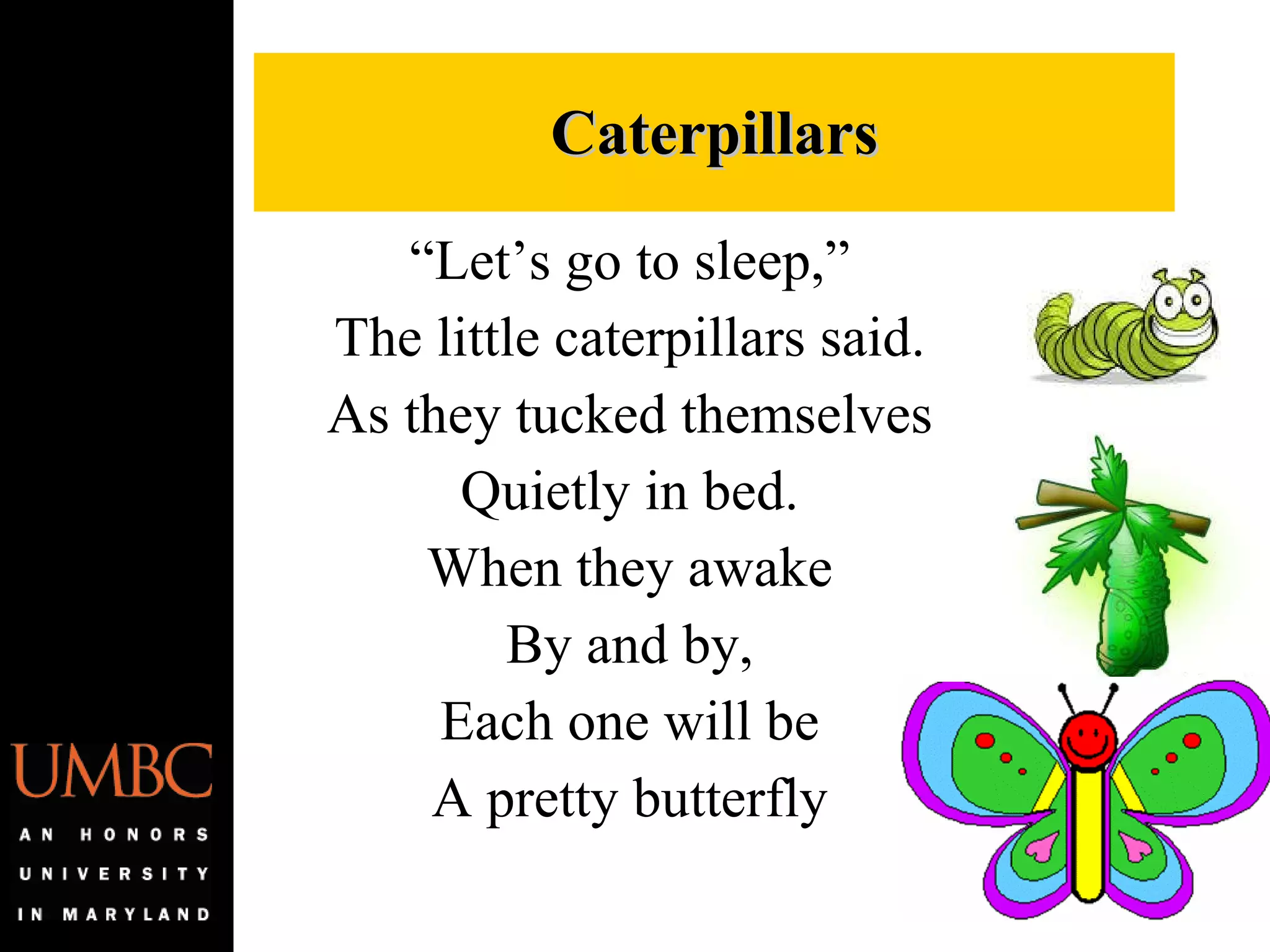 “ Let’s go to sleep,” The little caterpillars said. As they tucked themselves Quietly in bed. When they awake By and by, Each one will be A pretty butterfly Caterpillars 