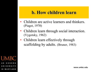 Children are active learners and thinkers.  (Piaget, 1970)  Children learn through social interaction.   (Vygotsky, 1962)  Children learn effectively through scaffolding by adults.   (Bruner, 1983)   b. How children learn 