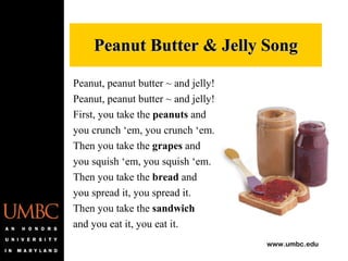 Peanut, peanut butter ~ and jelly! Peanut, peanut butter ~ and jelly! First, you take the  peanuts  and you crunch ‘em, you crunch ‘em. Then you take the  grapes  and you squish ‘em, you squish ‘em. Then you take the  bread  and you spread it, you spread it. Then you take the  sandwich and you eat it, you eat it. Peanut Butter & Jelly Song 