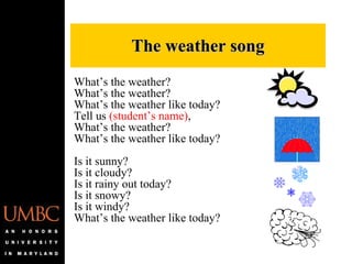 What’s the weather? What’s the weather? What’s the weather like today? Tell us  (student’s name) , What’s the weather? What’s the weather like today?   Is it sunny?  Is it cloudy?  Is it rainy out today?  Is it snowy? Is it windy?  What’s the weather like today? The weather song 