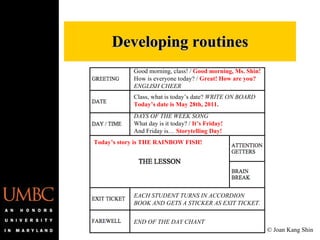 Developing routines Good morning, class! /  Good morning, Ms. Shin! How is everyone today? /  Great! How are you? ENGLISH CHEER Class, what is today’s date?  WRITE ON BOARD Today’s date is May 28th, 2011. DAYS OF THE WEEK SONG What day is it today? /  It’s Friday! And Friday is…  Storytelling Day! EACH STUDENT TURNS IN ACCORDION BOOK AND GETS A STICKER AS EXIT TICKET. END OF THE DAY CHANT Today’s story is THE RAINBOW FISH! © Joan Kang Shin 