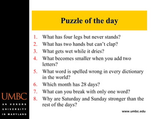 Puzzle of the day What has four legs but never stands? What has two hands but can’t clap?  What gets wet while it dries?  What becomes smaller when you add two letters? What word is spelled wrong in every dictionary in the world? Which month has 28 days? What can you break with only one word? Why are Saturday and Sunday stronger than the rest of the days?  