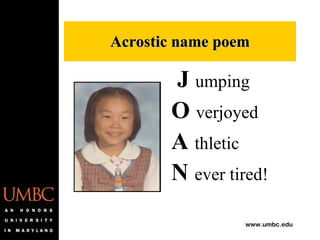 J   umping O   verjoyed A   thletic N   ever tired! Acrostic name poem 