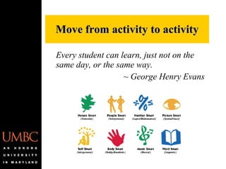 Every student can learn, just not on the same day, or the same way. ~ George Henry Evans   Move from activity to activity 