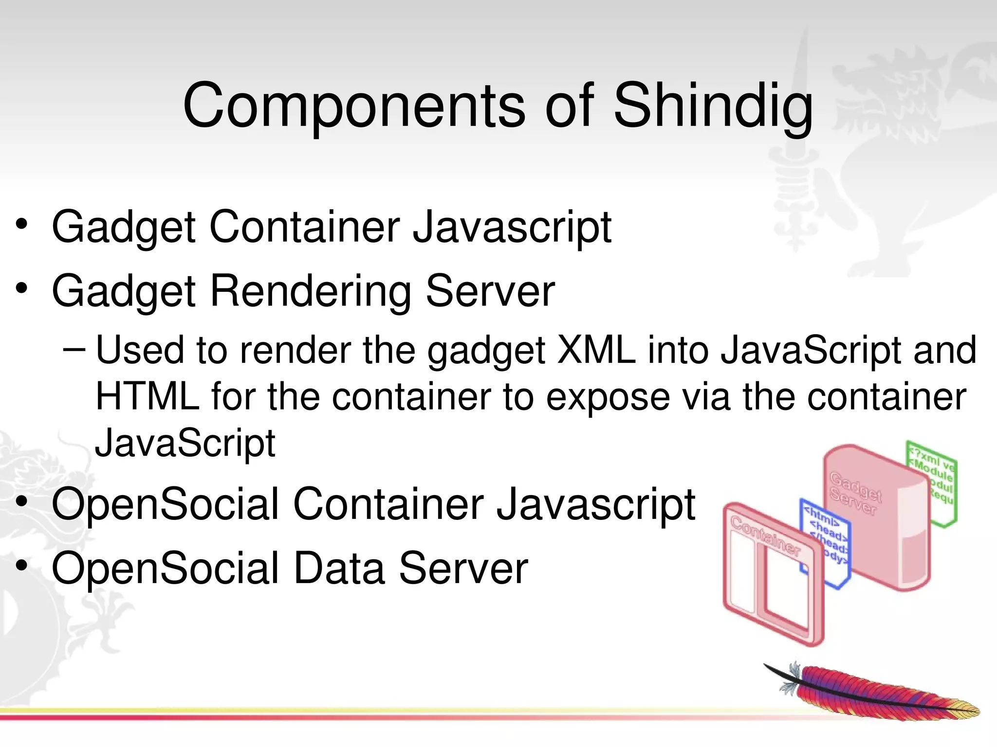 Components of Shindig
• Gadget Container Javascript
• Gadget Rendering Server
  – Used to render the gadget XML into JavaScript and 
    HTML for the container to expose via the container 
    JavaScript
• OpenSocial Container Javascript
• OpenSocial Data Server

                           
 