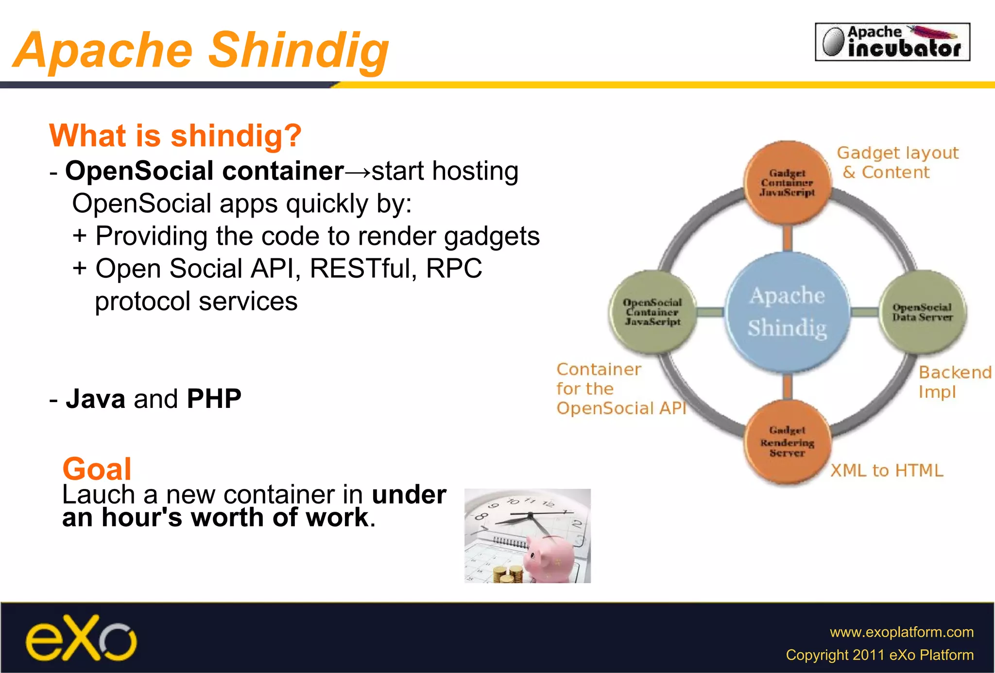 Apache Shindig What is shindig? -  OpenSocial container ->start hosting  OpenSocial apps quickly by: + Providing the code to render gadgets + Open Social API, RESTful, RPC  protocol services -  Java  and  PHP Goal Lauch a new container in  under an hour's worth of work . 