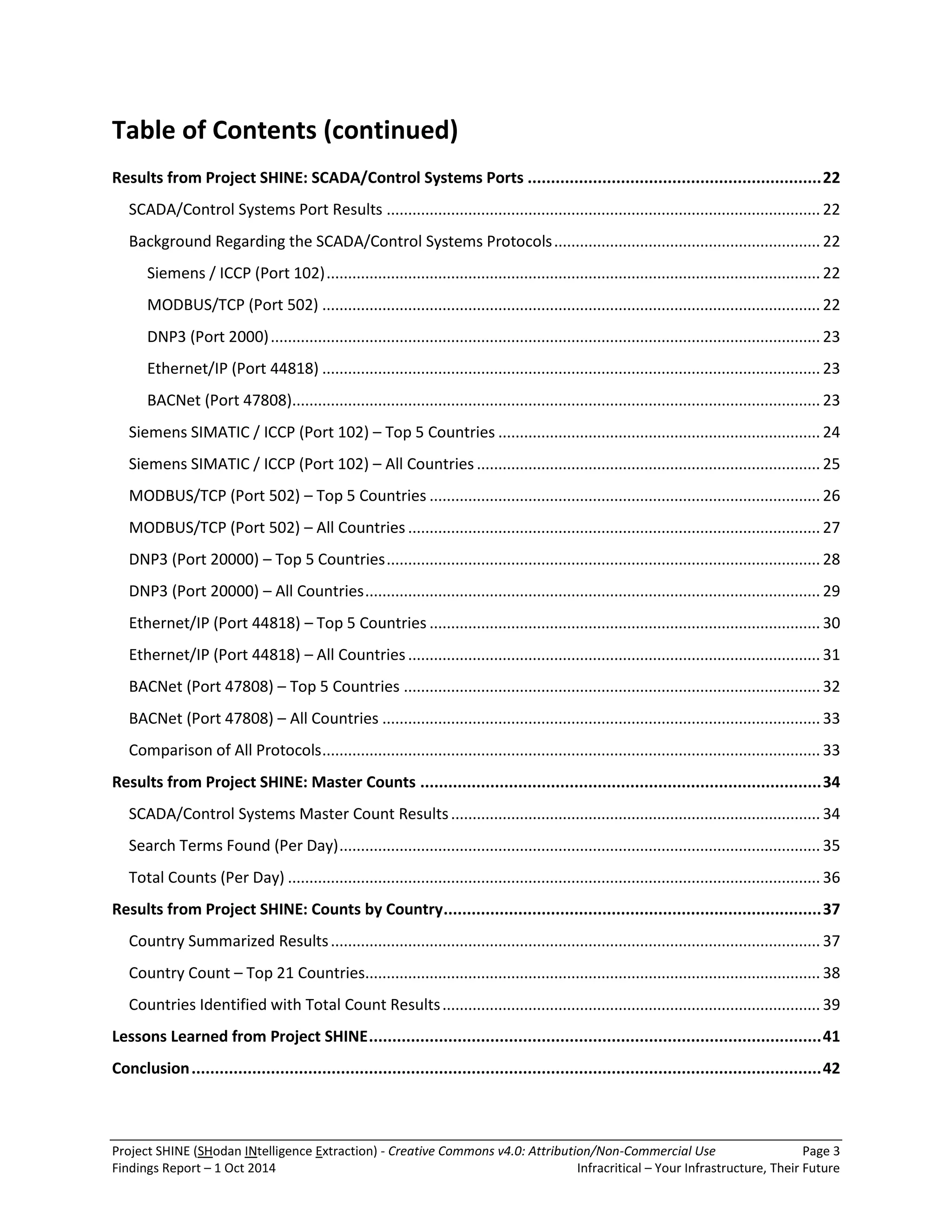 Project SHINE (SHodan INtelligence Extraction) - Creative Commons v4.0: Attribution/Non-Commercial Use Page 3 
Findings Report – 1 Oct 2014 Infracritical – Your Infrastructure, Their Future 
Table of Contents (continued) Results from Project SHINE: SCADA/Control Systems Ports ............................................................... 22 SCADA/Control Systems Port Results ..................................................................................................... 22 Background Regarding the SCADA/Control Systems Protocols .............................................................. 22 Siemens / ICCP (Port 102) ................................................................................................................... 22 MODBUS/TCP (Port 502) .................................................................................................................... 22 DNP3 (Port 2000) ................................................................................................................................ 23 Ethernet/IP (Port 44818) .................................................................................................................... 23 BACNet (Port 47808) ........................................................................................................................... 23 Siemens SIMATIC / ICCP (Port 102) – Top 5 Countries ........................................................................... 24 Siemens SIMATIC / ICCP (Port 102) – All Countries ................................................................................ 25 MODBUS/TCP (Port 502) – Top 5 Countries ........................................................................................... 26 MODBUS/TCP (Port 502) – All Countries ................................................................................................ 27 DNP3 (Port 20000) – Top 5 Countries ..................................................................................................... 28 DNP3 (Port 20000) – All Countries .......................................................................................................... 29 Ethernet/IP (Port 44818) – Top 5 Countries ........................................................................................... 30 Ethernet/IP (Port 44818) – All Countries ................................................................................................ 31 BACNet (Port 47808) – Top 5 Countries ................................................................................................. 32 BACNet (Port 47808) – All Countries ...................................................................................................... 33 Comparison of All Protocols .................................................................................................................... 33 Results from Project SHINE: Master Counts ...................................................................................... 34 SCADA/Control Systems Master Count Results ...................................................................................... 34 Search Terms Found (Per Day) ................................................................................................................ 35 Total Counts (Per Day) ............................................................................................................................ 36 Results from Project SHINE: Counts by Country ................................................................................. 37 Country Summarized Results .................................................................................................................. 37 Country Count – Top 21 Countries.......................................................................................................... 38 Countries Identified with Total Count Results ........................................................................................ 39 Lessons Learned from Project SHINE ................................................................................................. 41 Conclusion ....................................................................................................................................... 42  