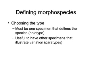 Defining morphospecies
• Choosing the type
– Must be one specimen that defines the
species (holotype)
– Useful to have other specimens that
illustrate variation (paratypes)
 