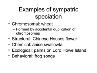 Examples of sympatric
speciation
• Chromosomal: wheat
– Formed by accidental duplication of
chromosomes
• Structural: Chinese Houses flower
• Chemical: anise swallowtail
• Ecological: palms on Lord Howe Island
• Behavioral: frog songs
 