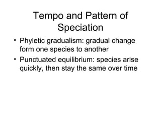 Tempo and Pattern of
Speciation
• Phyletic gradualism: gradual change
form one species to another
• Punctuated equilibrium: species arise
quickly, then stay the same over time
 