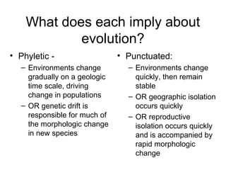 What does each imply about
evolution?
• Phyletic -
– Environments change
gradually on a geologic
time scale, driving
change in populations
– OR genetic drift is
responsible for much of
the morphologic change
in new species
• Punctuated:
– Environments change
quickly, then remain
stable
– OR geographic isolation
occurs quickly
– OR reproductive
isolation occurs quickly
and is accompanied by
rapid morphologic
change
 