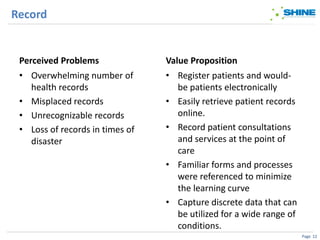 Record


 Perceived Problems              Value Proposition
 • Overwhelming number of        • Register patients and would-
   health records                  be patients electronically
 • Misplaced records             • Easily retrieve patient records
 • Unrecognizable records          online.
 • Loss of records in times of   • Record patient consultations
   disaster                        and services at the point of
                                   care
                                 • Familiar forms and processes
                                   were referenced to minimize
                                   the learning curve
                                 • Capture discrete data that can
                                   be utilized for a wide range of
                                   conditions.
                                                                     Page 12
 